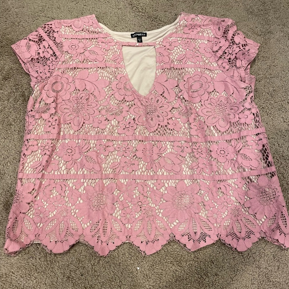 Express Pink Lace Overlay Short Sleeve Blouse